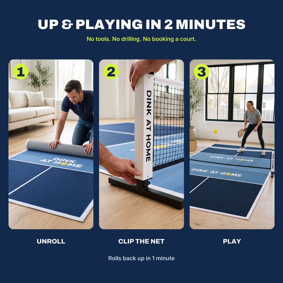 Up and playing in 2 minutes: unroll, clip the net, play