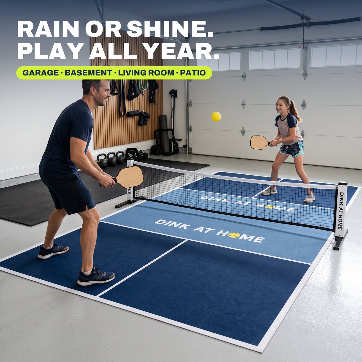 A father and daughter playing in their garage