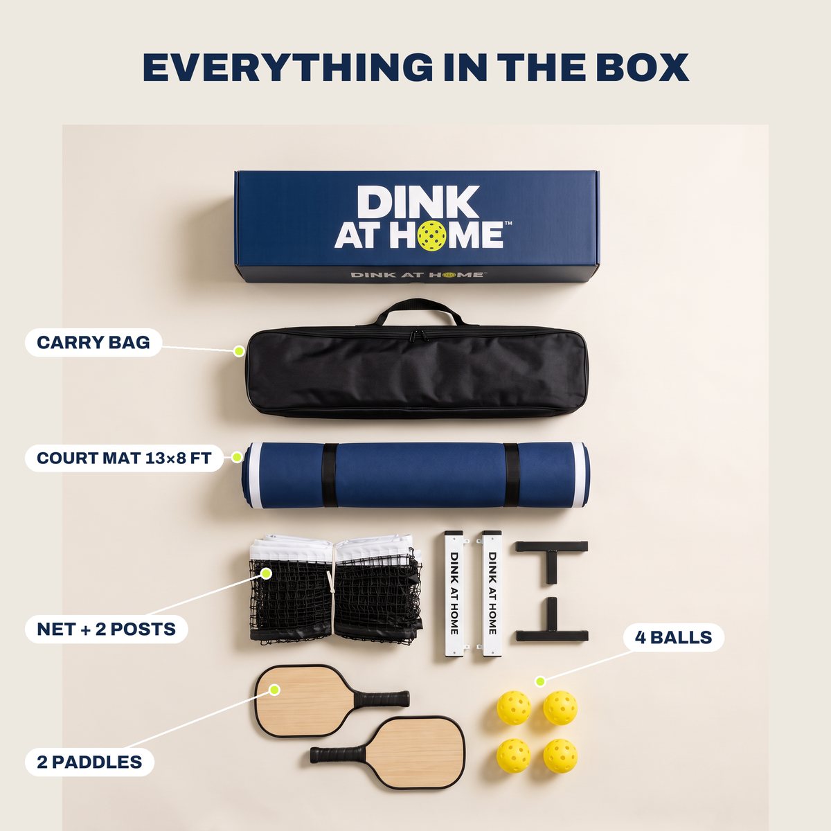 Everything in the box: court mat, carry bag, net, 2 posts, 2 paddles, 4 balls